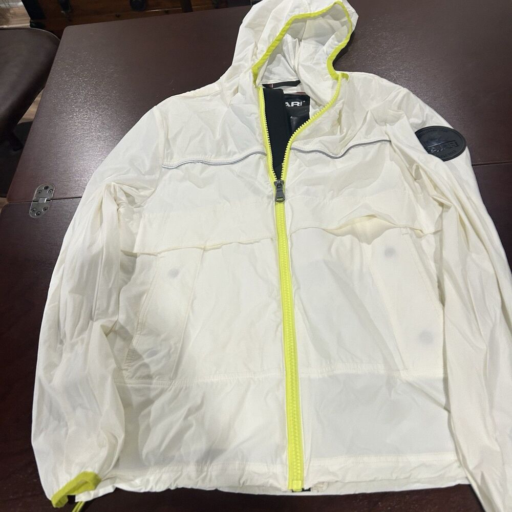 Pajar Canada Men’s S White Lightweight Hooded Rain Jacket Neon Yellow Zip